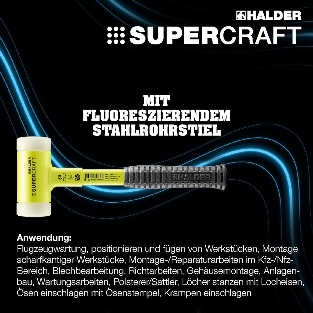 SUPERCRAFT-Schonhammer, mit bruchsicherem Stahlrohrstiel, gelb-fluoreszierend beschichtet und ergono