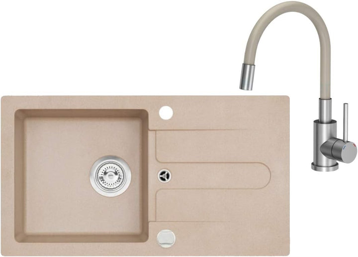 VBChome Spüle Beige 75 x 42 cm mit Spültischarmatur Granit Einzelbecken Einbauspüle gesprenkelt reve