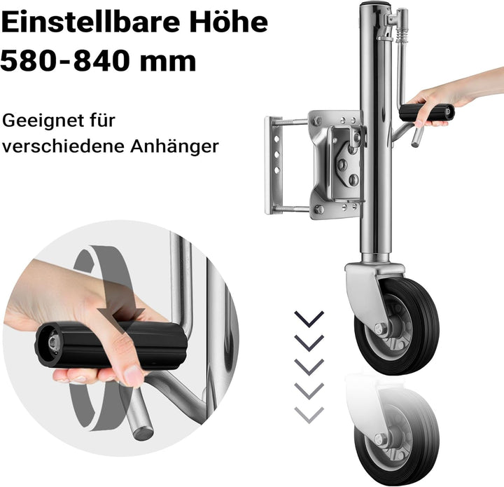XPOtool Schwerlast Stützrad bis 540 kg, Anhängerstütze mit bis zu 260 mm Hubhöhe, Stützlast Bugrad m