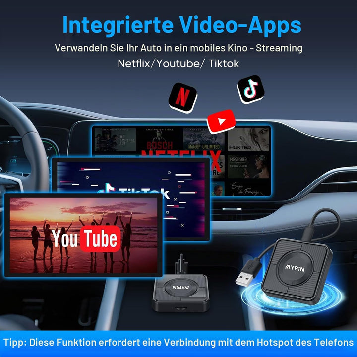 MYPIN Wireless CarPlay Adapter, 3-IN-1 CarPlay/Android Auto/Video Adapter, Plug & Play, Eingebauter