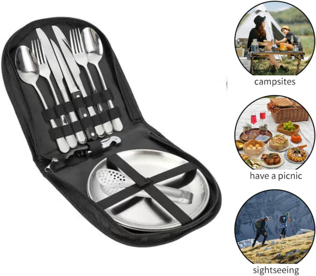 Camping Besteckset 2 Personen, 11 Stück Edelstahl Geschirr Set mit Gabeln, Messer, Löffel, Teller, C