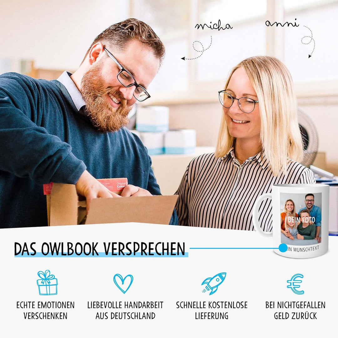 OWLBOOK® Personalisierte Tasse mit 2 Fotos & Spruch selbst gestalten | Fototasse mit eigenem Bild &