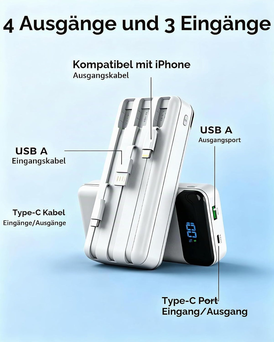 Enerwow Power Bank 27000mAh 22.5W Schnellladen mit Integriertem USB-C Kabel | Externer Akkupack 4 Au
