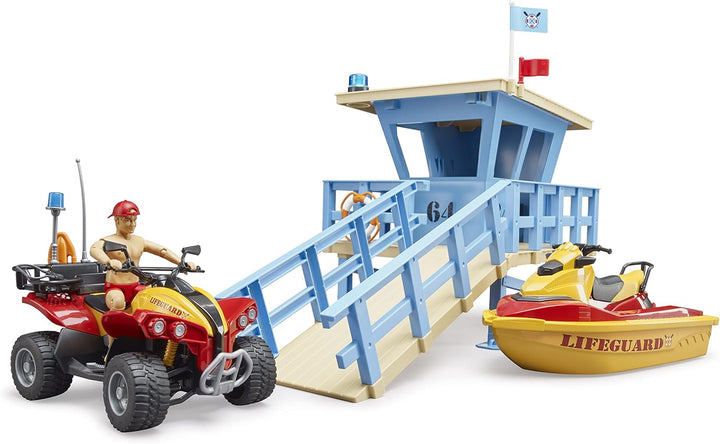 bruder 62780 - Bworld Life Guard Station mit Quad & Personal Water Craft - 1:16 Rettungsschwimmerin