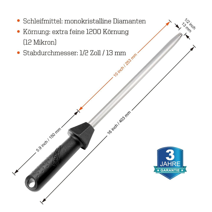 SHARPAL 119N Diamant-Schärfer aus massivem Stahl für Messer, Klingenschärfer, Honstab, professionell