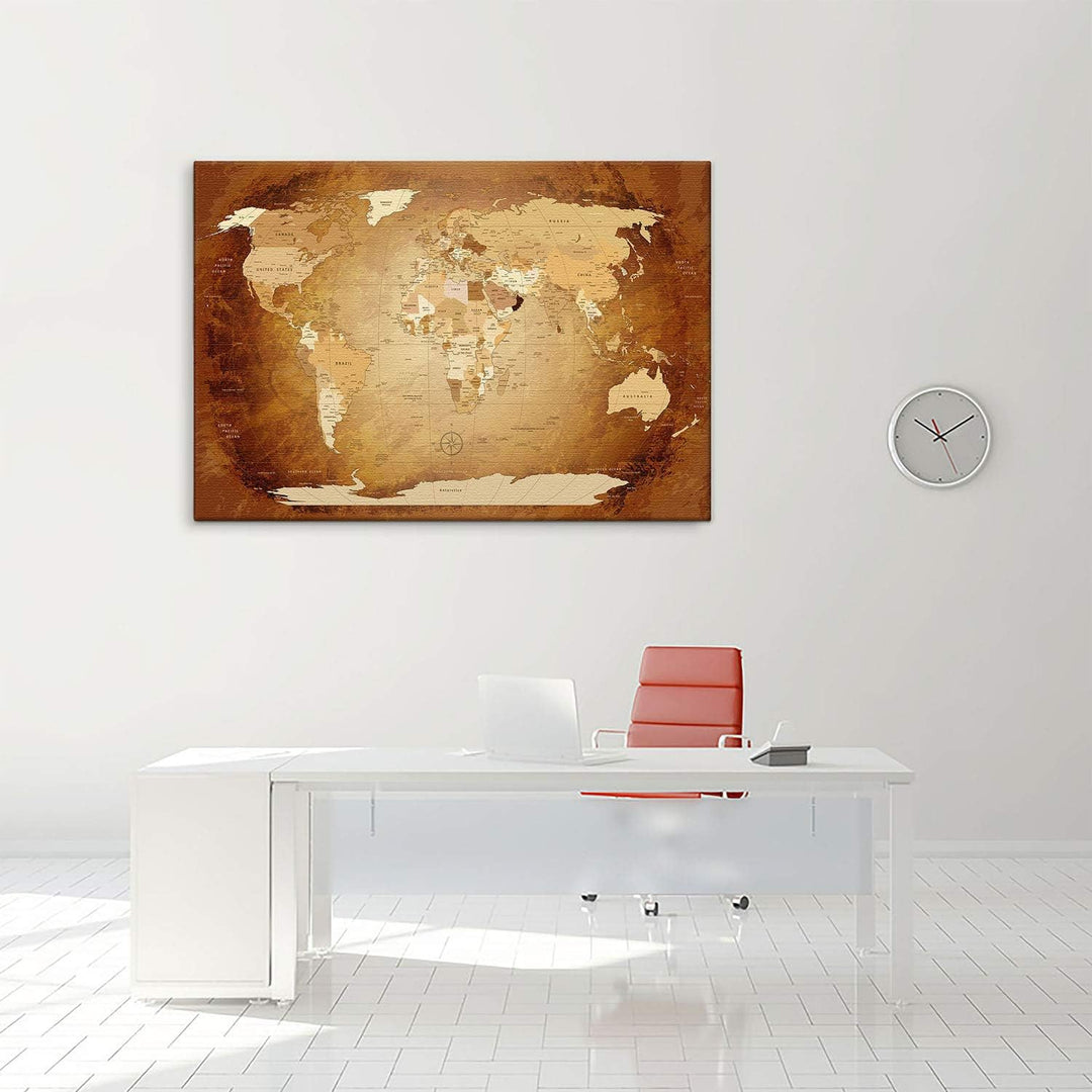 LanaKK - Weltkarte Leinwandbild „Worldmap Braun Colorful” - englisch - Kunstdruck-Pinnwand auf Echth