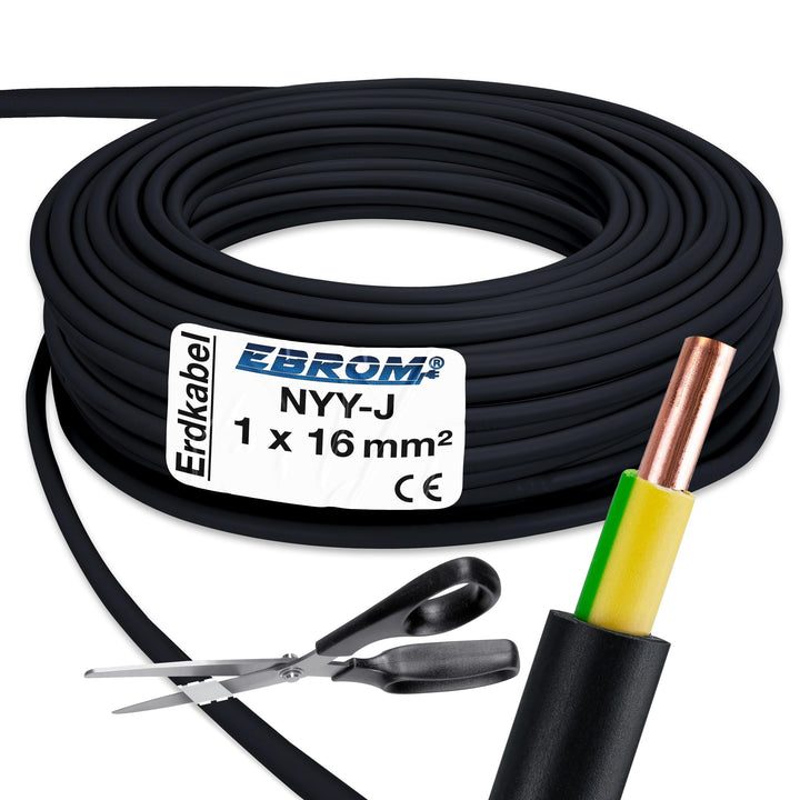 EBROM Erdungskabel - Erdkabel - NYY-J 1x16 mm² - schwarz – bestellbar in den Längen: 15m / 20m / 25m