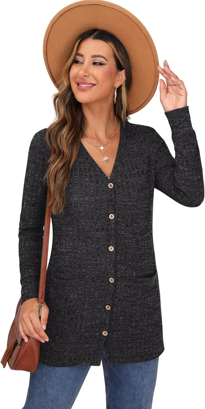 GRECERELLE Damen Leichte Strickjacke Lang mit Taschen und Knöpfen Long Elegant Cardigan V-Ausschnitt