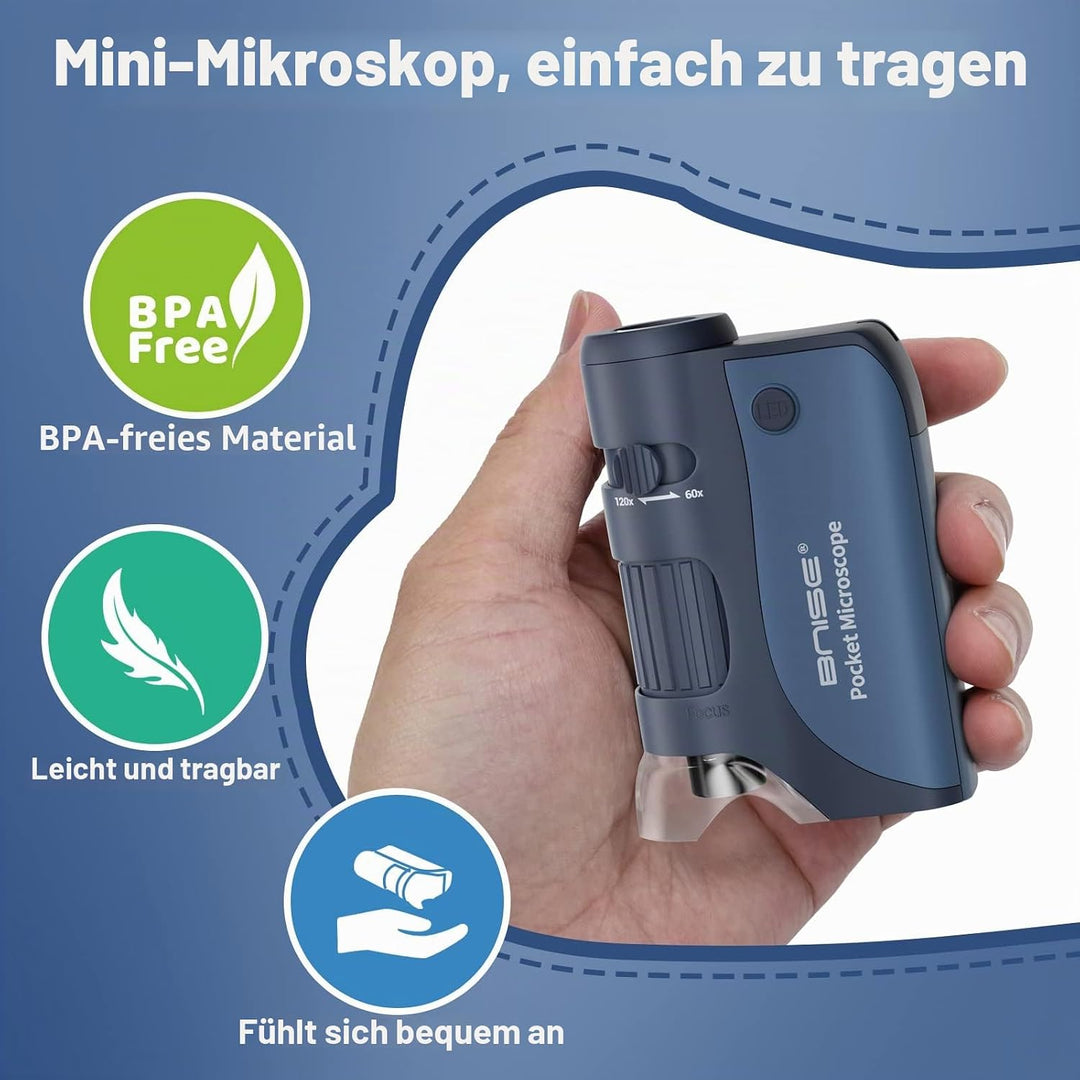 Taschenmikroskop 60-120-facher Zoom mit LED, Handmikroskope für Kinder, Tragbares Mini-Mikroskop mit