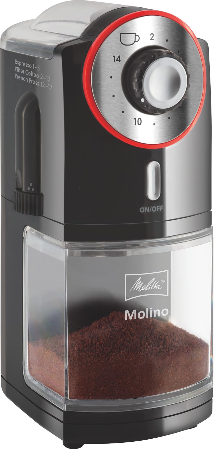 Melitta Molino Kaffeemühle, 1019-01, Elektrische Kaffeemühle, flache Mahlscheibe, Schwarz/Rot, CD -