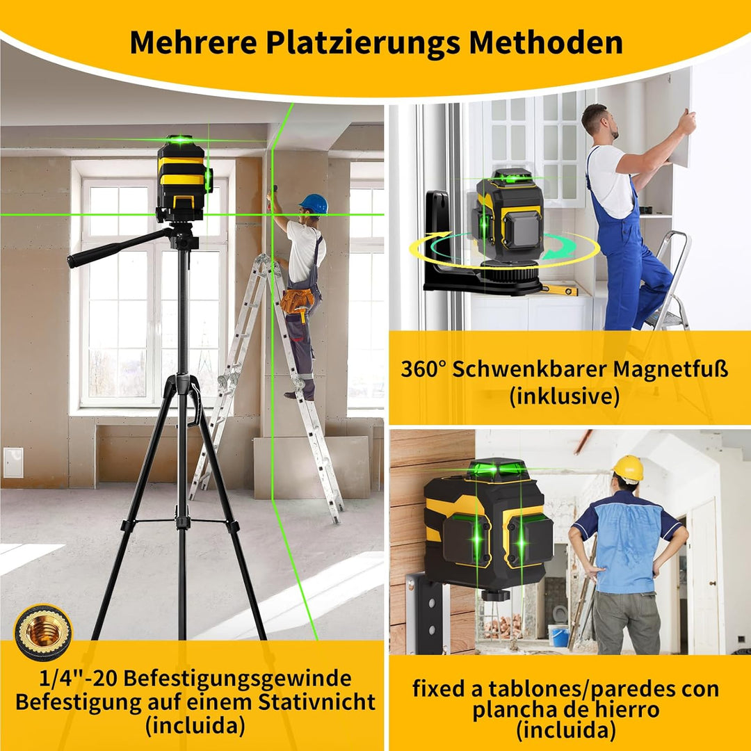 Kreuzlinienlaser mit Stativ,3 x 360°Laser Wasserwaage Selbstnivellierend,Linienlaser mit Teleskopsta