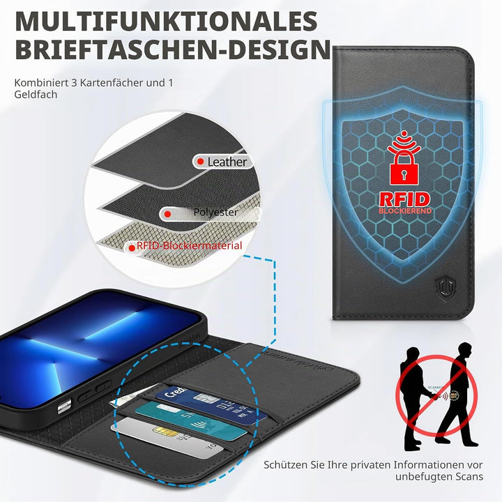 SHIELDON Hülle für iPhone 13 5G Handyhülle [Echtleder] [Stossfest] [Kartenfach] [Magnet] [Standfunkt
