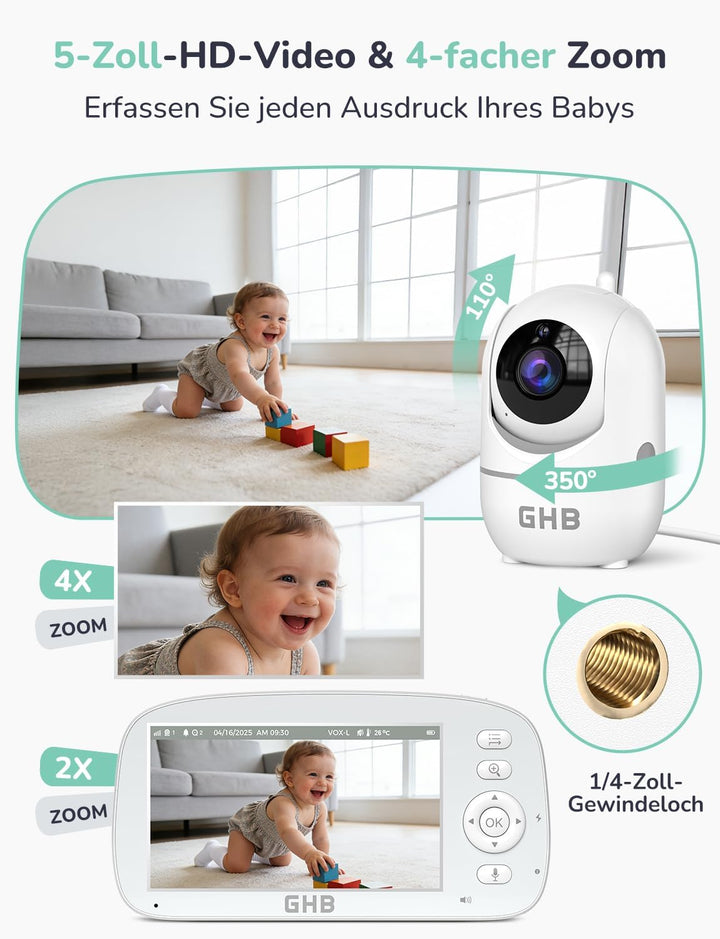 GHB Babyphone mit Kamera 5 Zoll 720P HD Kamera IPS Display mit 5000mAh Akku 4X Zoom 2-Bildschirm-Spl