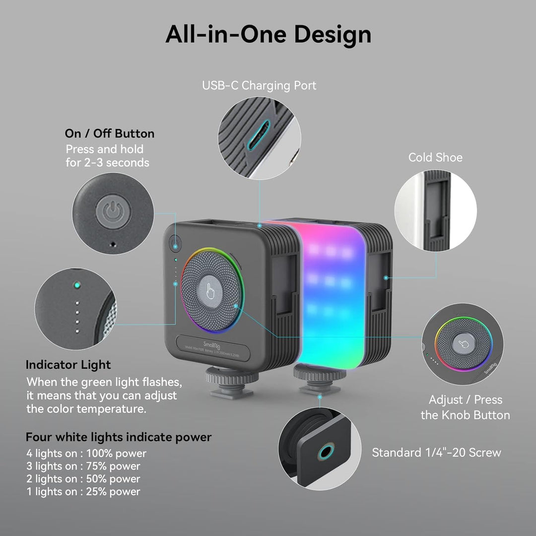 SMALLRIG RGB-Videoleuchte mit Integriertem 2500mAh-Akku, 108 RGB-Perlen Video Licht RGB mit 12 Licht