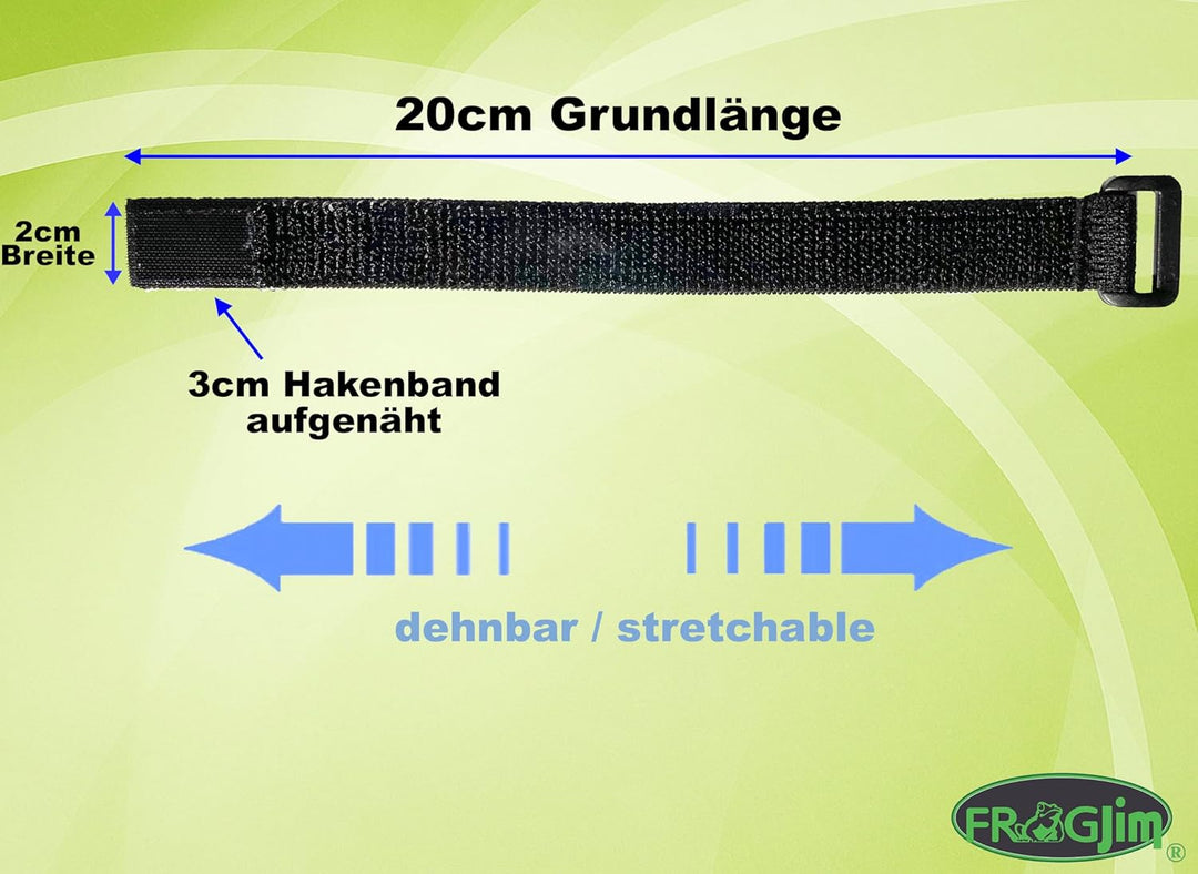 5x dehnbare Klett Kabelbinder 20 cm schwarz elastisch mit Schnalle - 20 mm breit - wiederverschliess