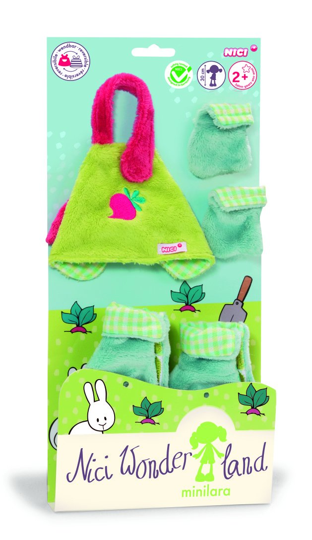 Nici 35505 - Wonderland 3 Minilara Set Schürze, Stiefel und Handschuhe für Puppe 30 cm