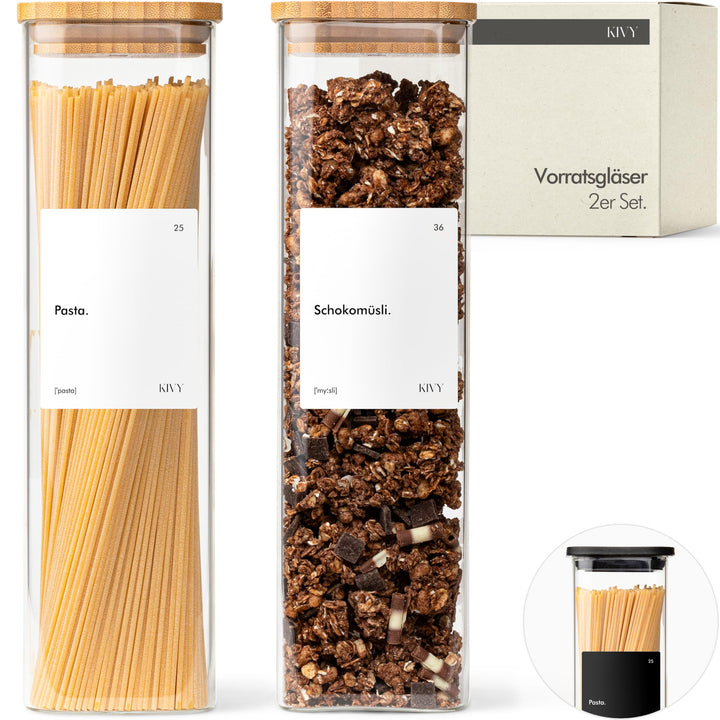 KIVY Vorratsgläser eckig [2x 1800ml] + Etiketten - Stapelbare & Luftdichte Aufbewahrungsgläser mit D