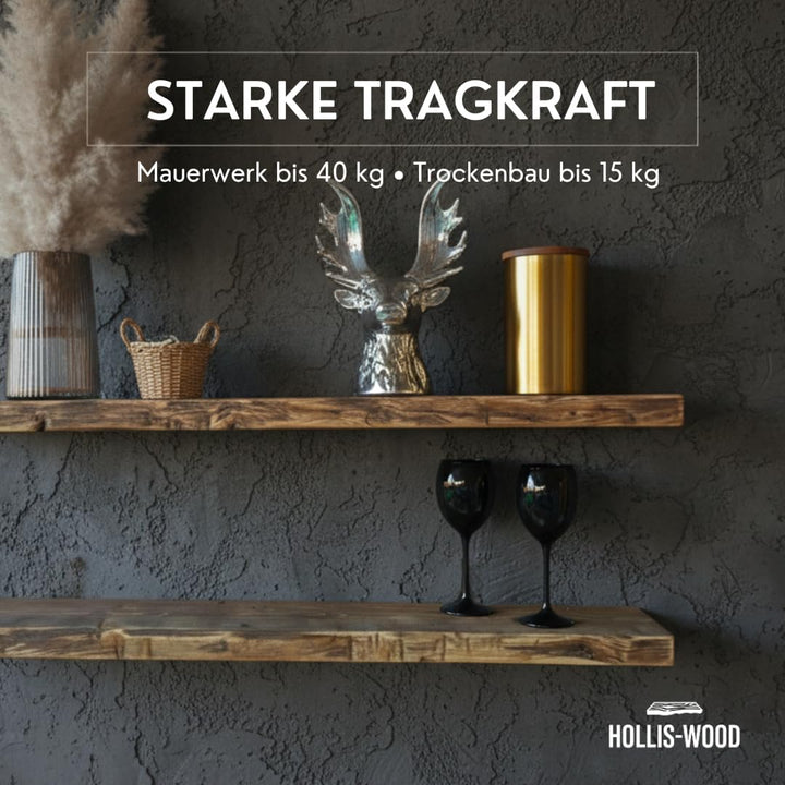 Wandregal schwebend, rustikale Designkante – Massivholz 40 mm, 20 cm tief, unsichtbare Halterung, ha
