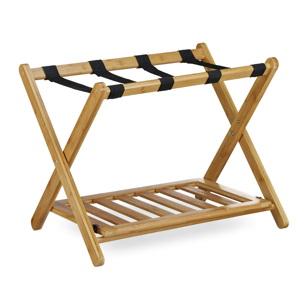 Relaxdays Kofferständer Bambus, klappbar, für Koffer &amp; Reisetaschen, 2 Ablagen, Gepäckablage, HBT 53