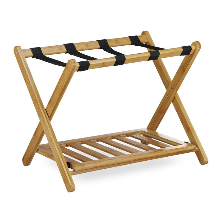 Relaxdays Kofferständer Bambus, klappbar, für Koffer &amp; Reisetaschen, 2 Ablagen, Gepäckablage, HBT 53