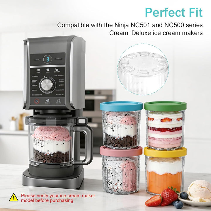 Eisbecher für Ninja Creami Deluxe NC500 NC501 Serie, Ersatz-Eisbehälter mit farbigen Deckeln, Löffel