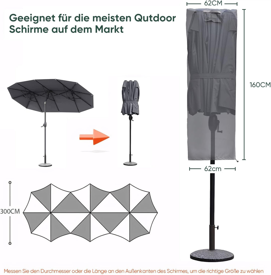 Sekey Schutzhülle für DoppelSonnenschirm, Abdeckhauben für Sonnenschirm Grau 160×62 cm Grau, 160×62