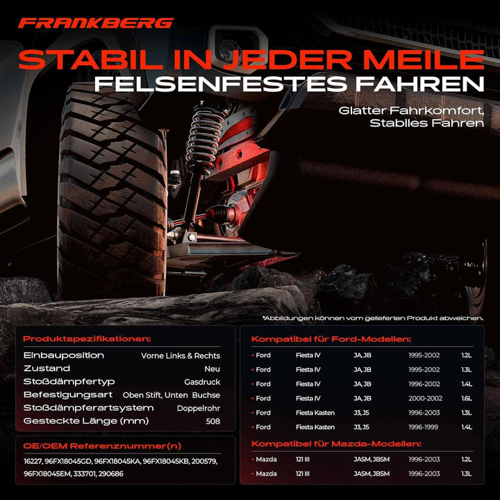 Frankberg 2x Stossdämpfer Gasdruck Vorderachse Kompatibel mit Fiesta IV JA JB 1995-2002 Fiesta Kaste