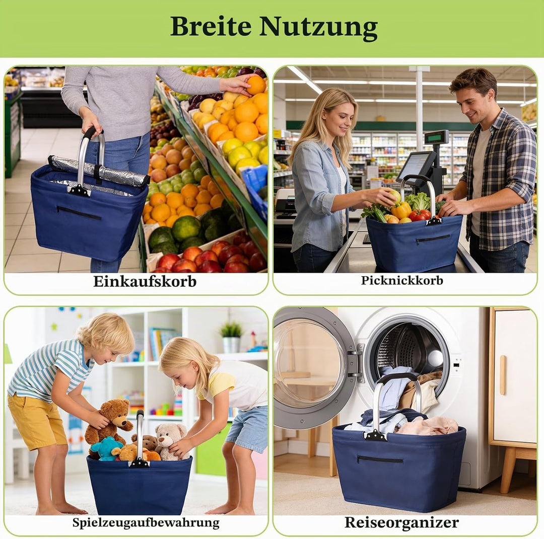 Einkaufskorb Kühltasche 35L, Einkaufskorb Faltbar mit Aluminium Griff, Grosse Isolierter Picknickkor