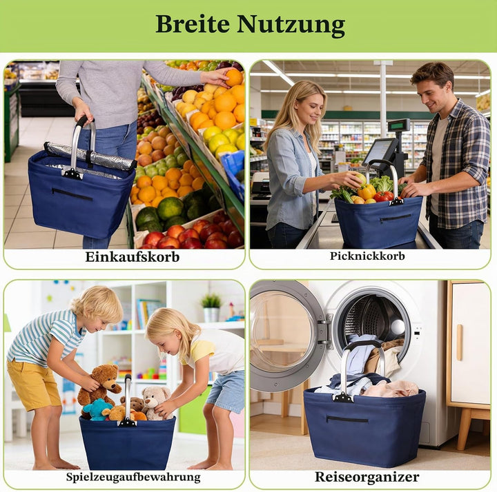 Einkaufskorb Kühltasche 35L, Einkaufskorb Faltbar mit Aluminium Griff, Grosse Isolierter Picknickkor