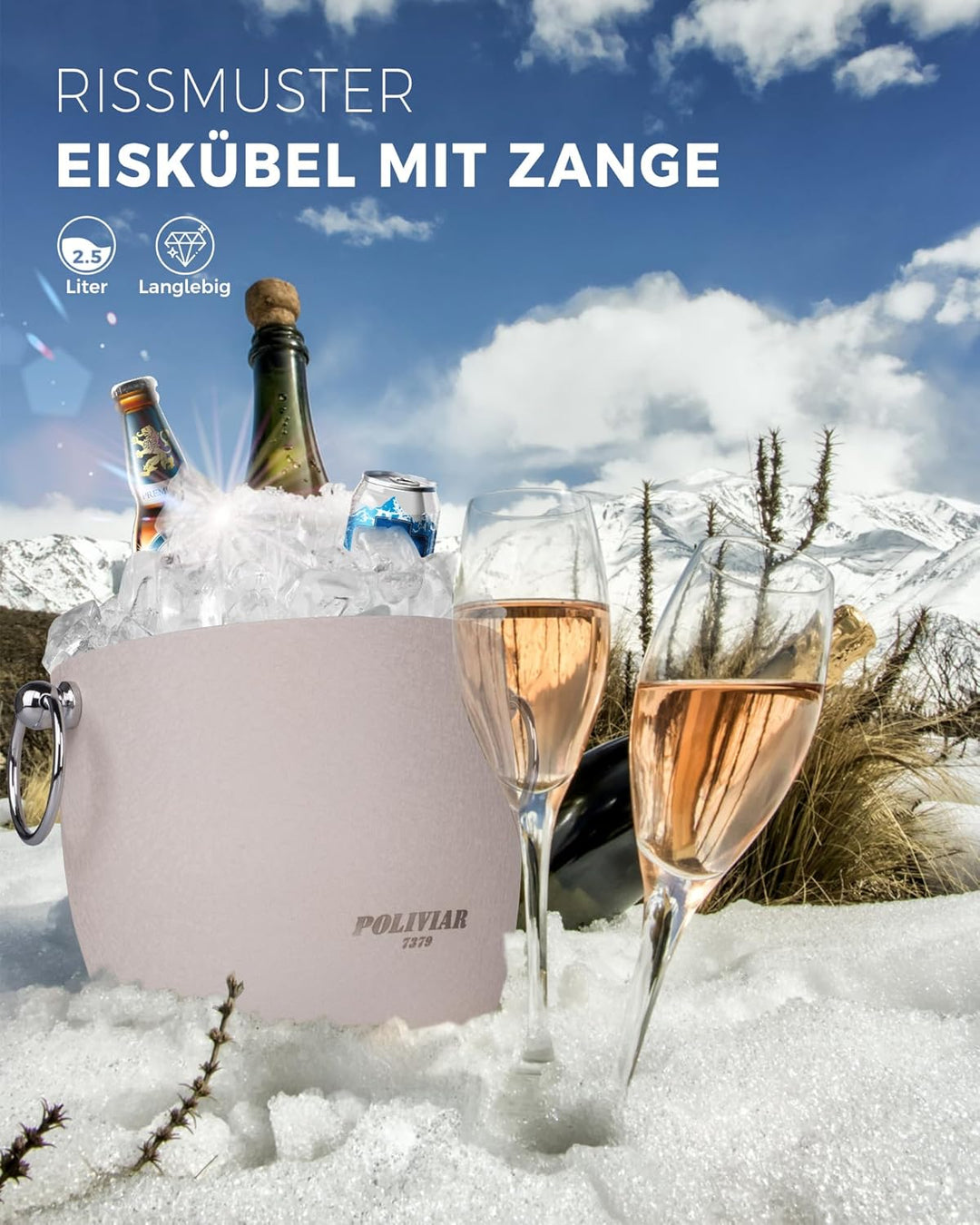 Poliviar Edelstahl Eiswürfelbehälter, 2,5 L Doppelwandiger Eisbehälter, Eiswürfelbehälter mit Deckel
