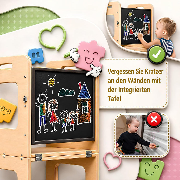 Lernturm ab 1 Jahr Klappbar 3-in-1, Lernturm mit Rausfallschutz | Inklusive Xylophon, Malbuch, Bunts