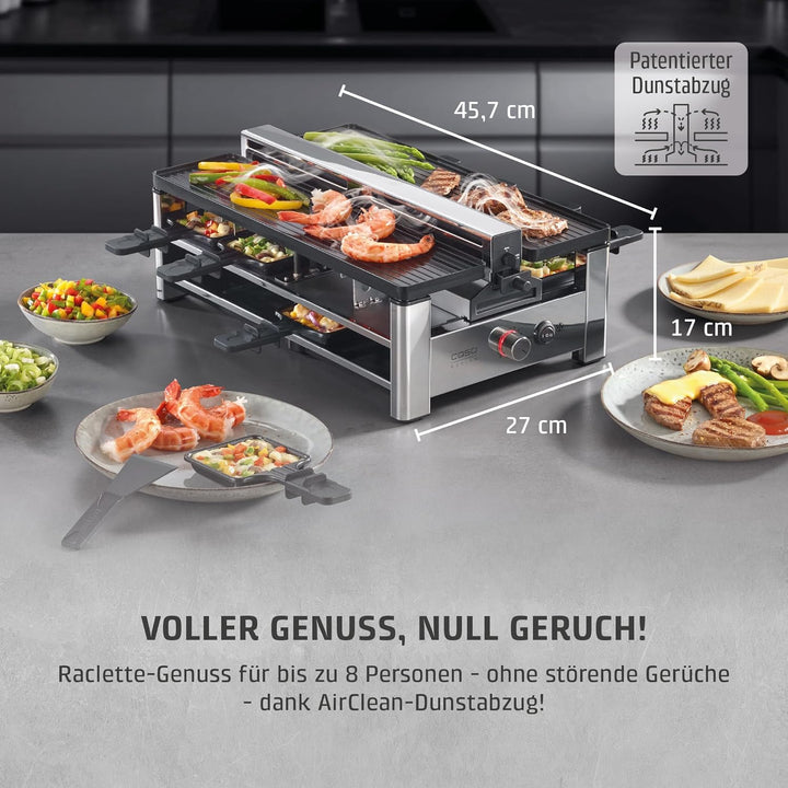 CASO Raclette AirClean - Raclettegrill mit integriertem Dunstabzug, für 8 Personen, schnelles Aufhei
