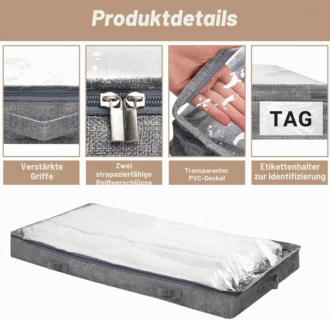 10 cm hohe 50L Unterbett Aufbewahrungsbox 2 Stück mit Sichtfenster und 2-Wege-Reissverschluss,faltba