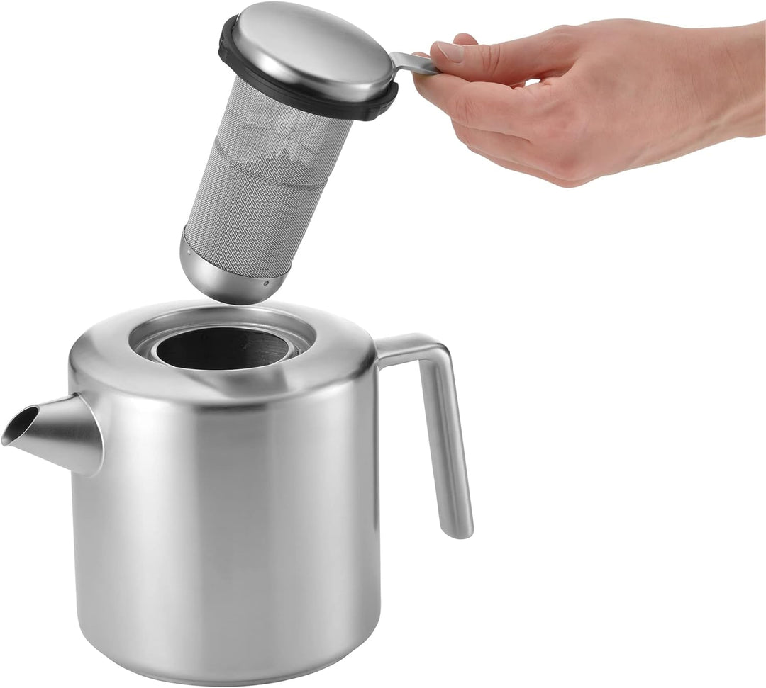 WMF Kult Teekanne mit Stövchen Set 2-teilig, Cromargan Edelstahl mattiert, Kanne 1,2 L mit Siebeinsa