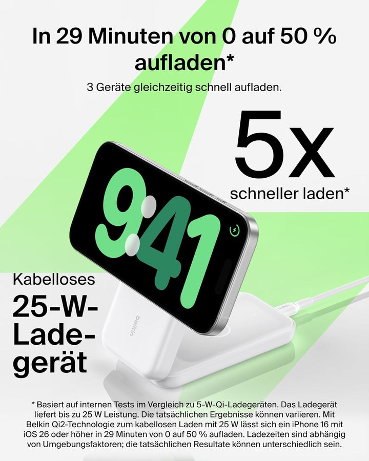 Belkin UltraCharge 3 in 1 Ladestation mit Qi2.2, 25W, Ladegerät MagSafe Kompatibel, Induktive Ladest