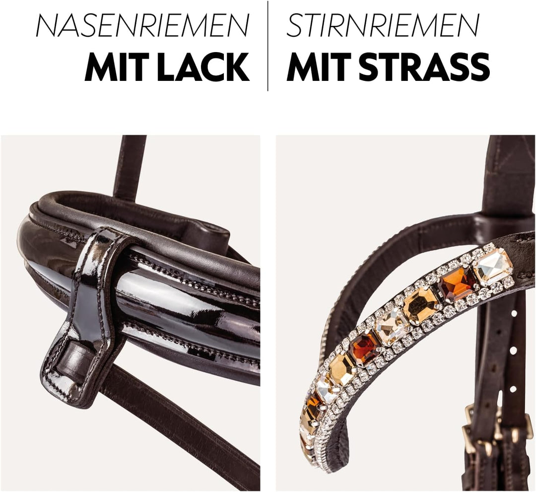 SUNRIDE schwedische Trense Aspen mit Zügel, aus weichem Echtleder mit Lack, verstellbar und anatomis
