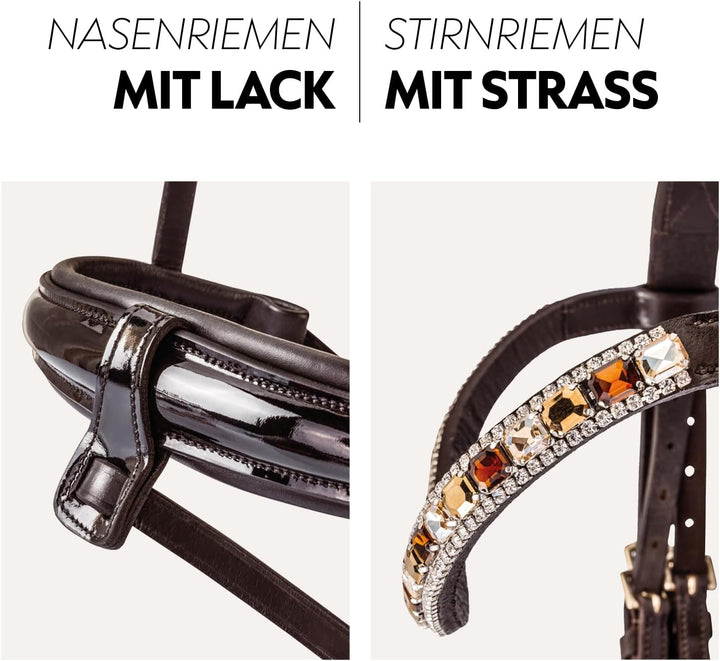 SUNRIDE schwedische Trense Aspen mit Zügel, aus weichem Echtleder mit Lack, verstellbar und anatomis