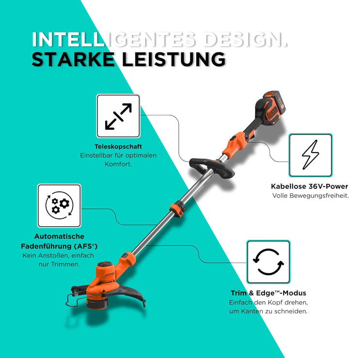 Black+Decker Akku-Rasentrimmer BCSTA536L1 (36V 2,5Ah, Schnittbreite 33 cm, kohlebürstenloser Motor,
