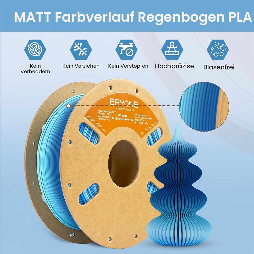 ERYONE Matte PLA 3D Drucker Filament 1.75mm, Matte Gradient Rainbow PLA, Massgenauigkeit +/- 0.03 mm