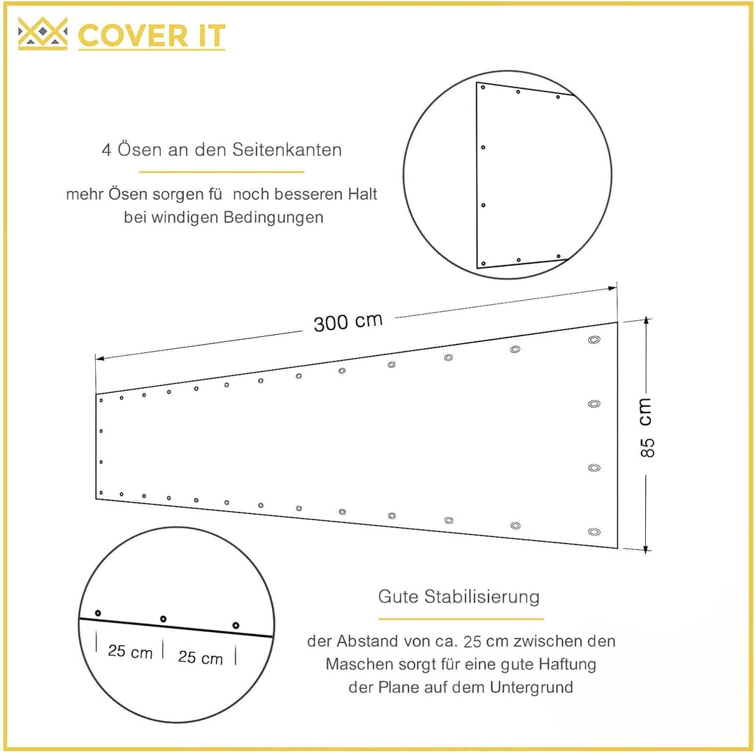 COVER IT Balkon Sichtschutz 85 x 300 cm – Balkonsichtschutz ohne Bohren mit Ösen für Balkon, Terrass