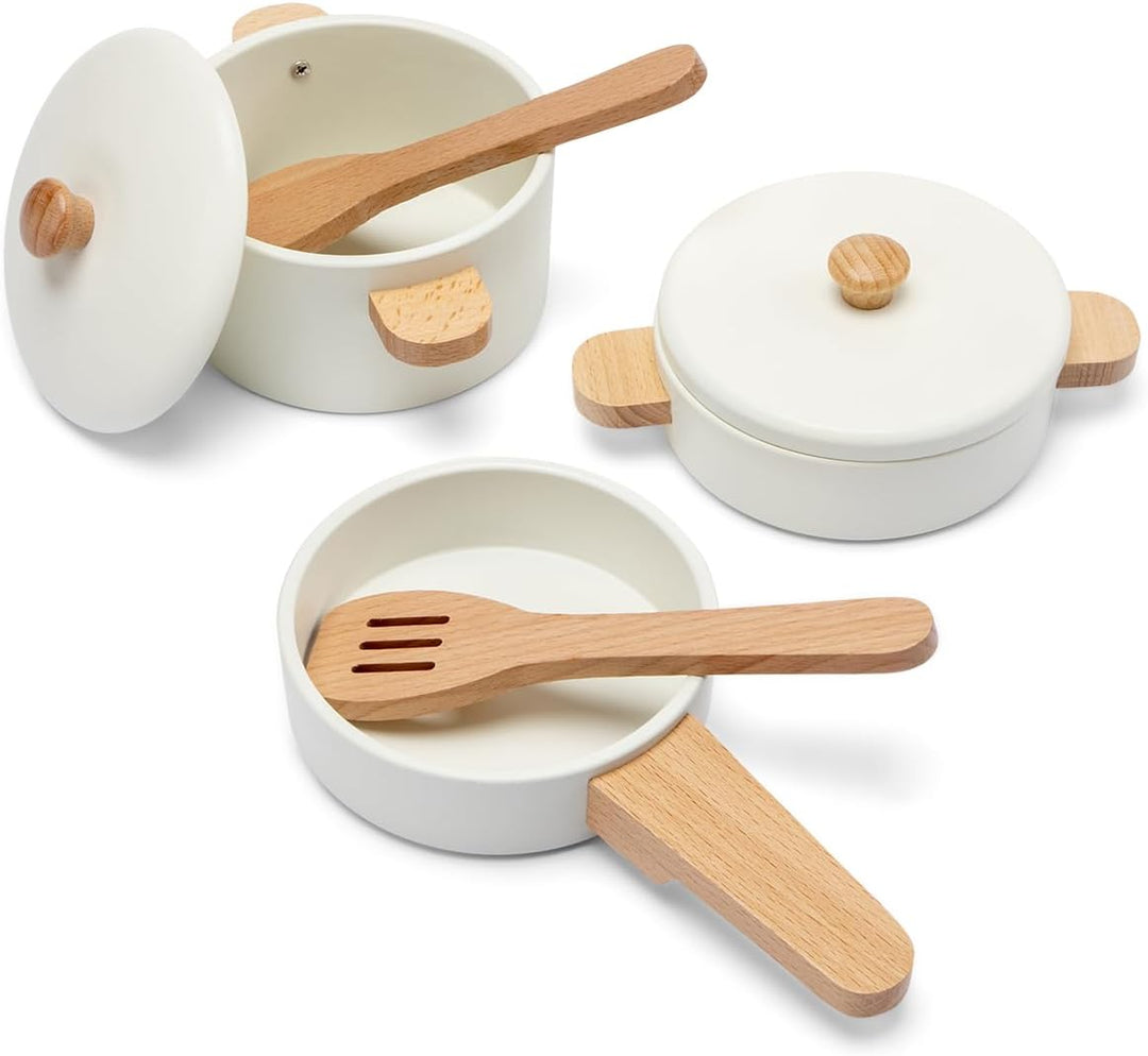 Woet® Holzspielzeug Töpfe und Pfannen Set für Kleinkinder – Spielzeug Küchenset Weiss 7 Teile – Küch