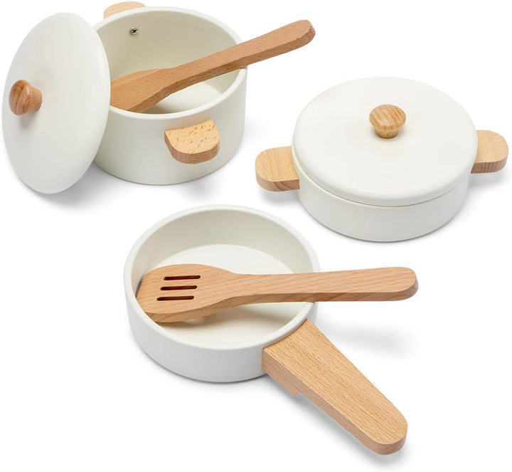 Woet® Holzspielzeug Töpfe und Pfannen Set für Kleinkinder – Spielzeug Küchenset Weiss 7 Teile – Küch