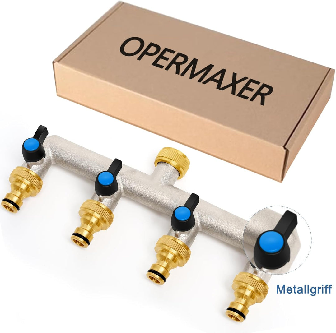 4-Wege Wasserhahn Wasserverteiler aus Messing für 4 Geräte/Gartenschläuche, 4er Verteiler 3/4" Adapt