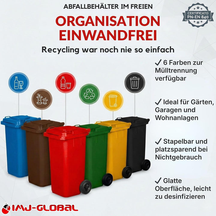 IMJ-Global Abfalleimer für Abfalleimer | PN-EN 840 | 240 Liter | mit Rollen | System zur mechanische