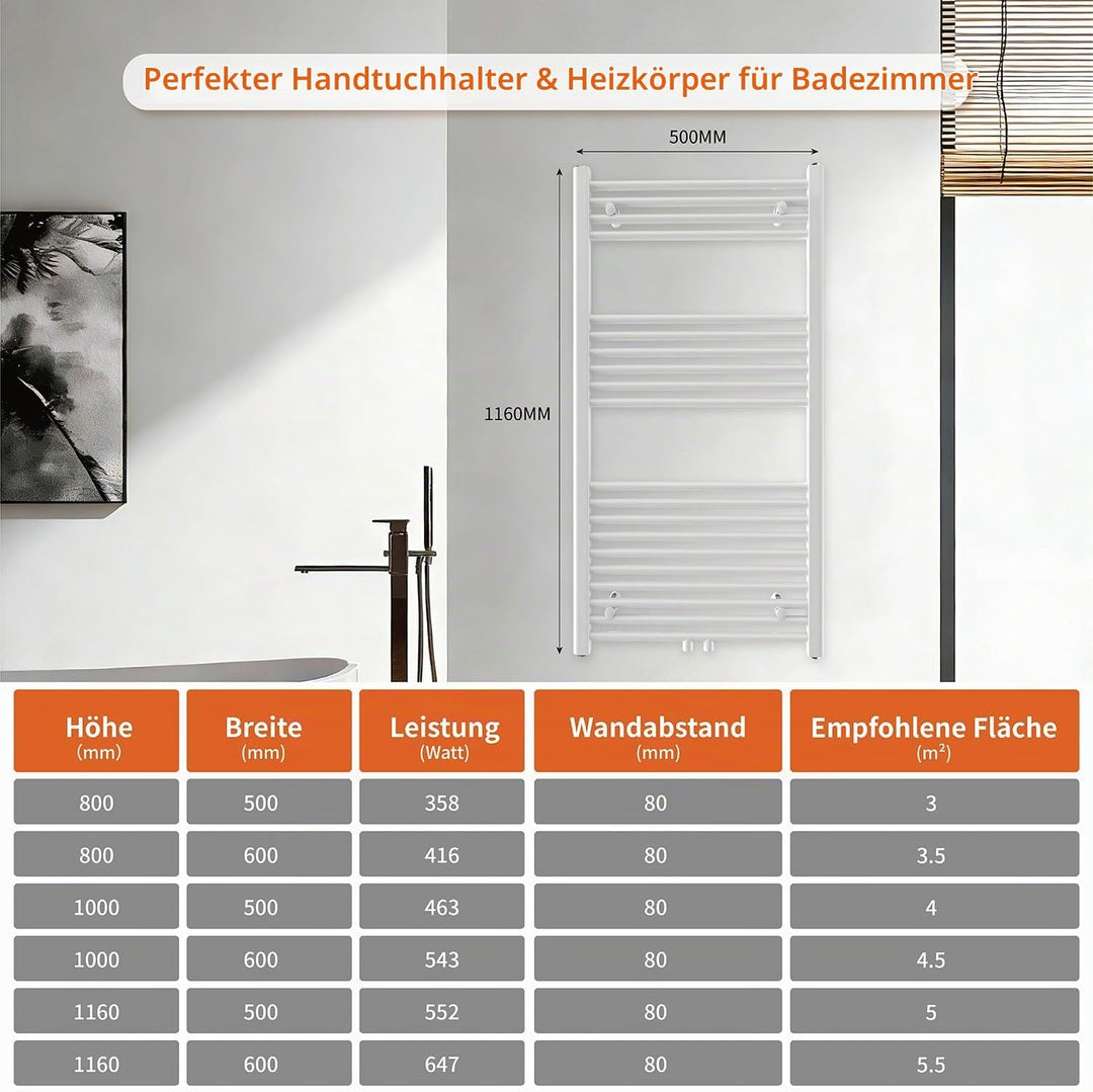 Badheizkörper Seitenanschluss 1200x500mm, 500W Handtuchheizkörper &amp; Handtuchtrockner, Einfach Instal