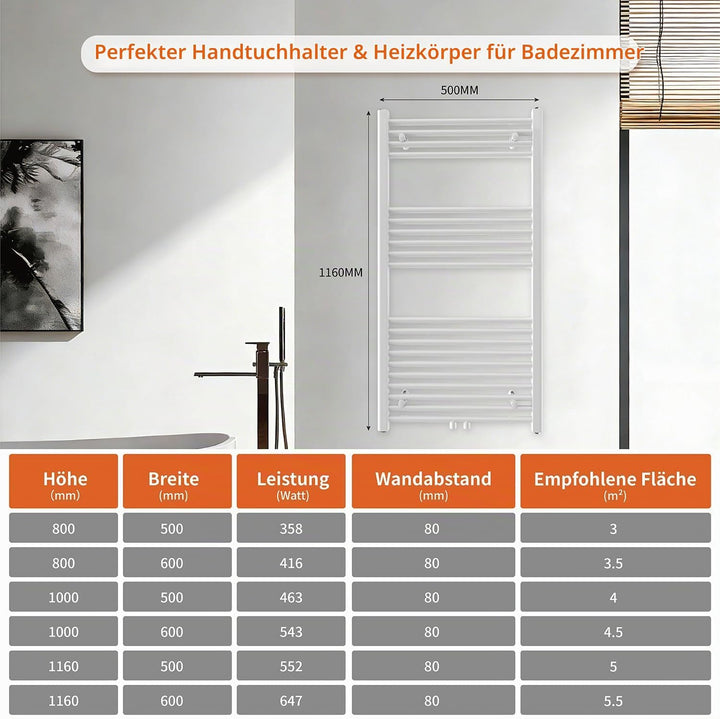 Badheizkörper Seitenanschluss 1200x500mm, 500W Handtuchheizkörper &amp; Handtuchtrockner, Einfach Instal