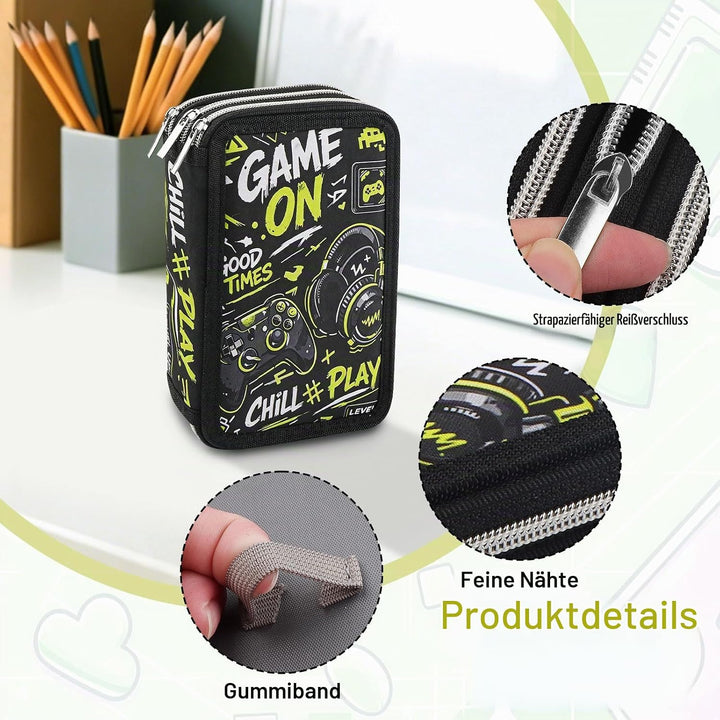 Gaming Federmäppchen Jungen 3 Fächer, Grosse Kapazität Federtasche 3fach Leer, Cooles Game Stifteetu