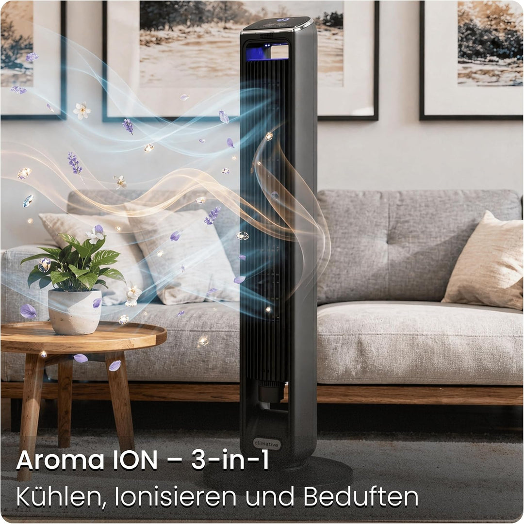 Turmventilator ION 107cm WiFi Tuya, Ionisator & grosses Duftfach, Starker 6m/s Wind, 90° Oszillation
