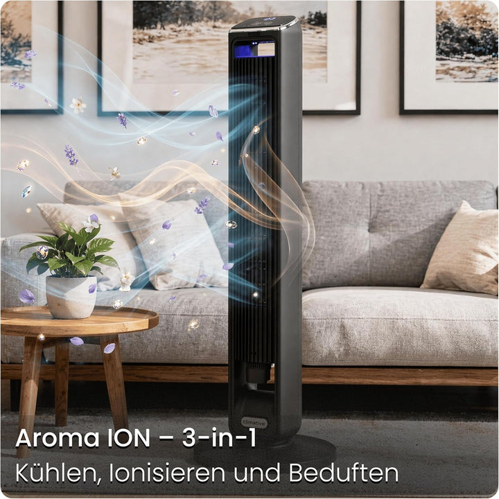 Turmventilator ION 107cm WiFi Tuya, Ionisator & grosses Duftfach, Starker 6m/s Wind, 90° Oszillation