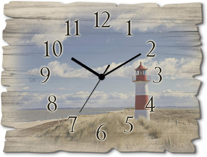 ARTLAND Wanduhr ohne Tickgeräusche aus Holz Quarzuhr 40x30 cm Rechteckig Lautlos Strand Meer Leuchtt